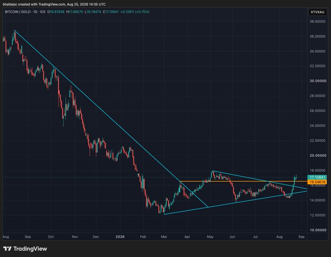 A TradingView chart of BITCOIN/GOLD (XBT/XAU) on a daily timeframe, showing a descending trendline from approximately 38 in August that has been broken, with the current price at 16.97838 (H17.48575, L16.78474, +0.75%) as of August 26, 2026, illustrating the long-term downtrend of Bitcoin priced in gold ounces.