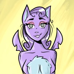 The image features a purple, female anthropomorphic character with cat-like ears, small bat-like wings, and long wavy hair, drawn in a cartoon style with large green eyes and a light blue patch on her chest against a yellow background.