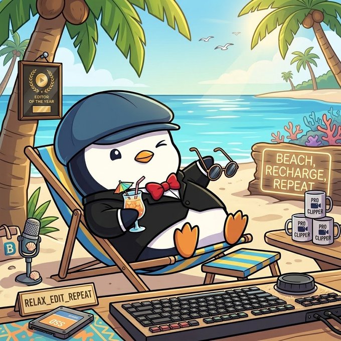 A cartoon penguin wearing a flat cap and sunglasses lounges on a beach chair with a cocktail, with text 'EDITOR OF THE YEAR', 'BEACH, RECHARGE, REPEAT', and 'RELAX_EDIT_REPEAT'.