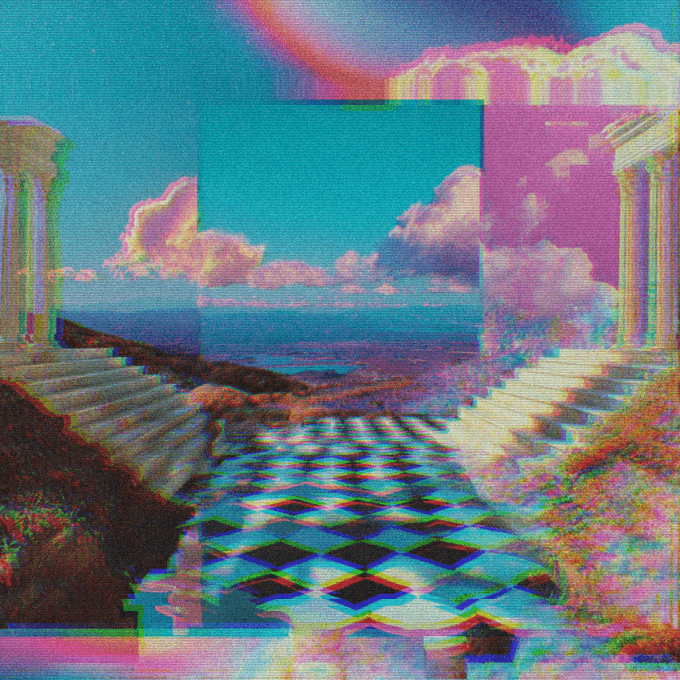 A glitchy, vaporwave-style digital artwork featuring a surreal landscape with clouds, ocean, and classical columns with pink and cyan color distortion.