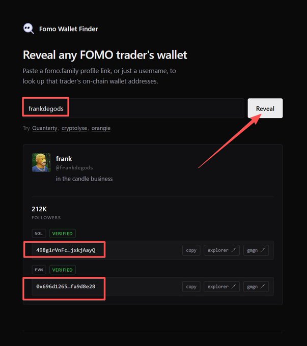 The Fomo Wallet Finder tool revealing user "frankdegods" (@frank) on-chain wallet addresses, displaying their Solana address (498g1rVnf...jxkj1auY) and Ethereum address (0x696d1265...fa9d8e28). The image demonstrates how to paste a FOMO username and click "Reveal" to access a trader's verified SOL and EVM wallet addresses for free with unlimited queries.