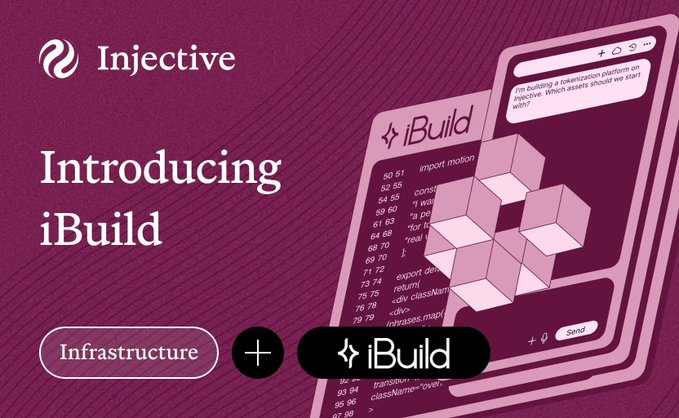 A promotional graphic from Injective announcing the launch of 'iBuild', featuring code snippets and 3D blocks against a purple background.