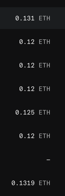 A black screen displaying a list of Ethereum amounts, including '0.131 ETH', multiple entries of '0.12 ETH', '0.125 ETH', a dash, and '0.1319 ETH'.