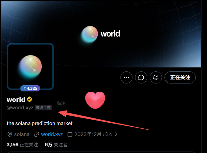 A Twitter/X profile screenshot for 'world' (@world_xyz), verified and tagged as 'the solana prediction market', with a red arrow pointing toward the handle and a heart emoji overlay.