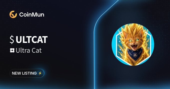 A promotional banner for CoinMun cryptocurrency exchange announces a 'NEW LISTING' for the token '$ULTCAT' (Ultra Cat), featuring a fierce orange cat logo.