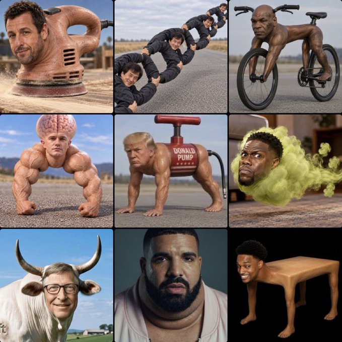 A 3x3 grid collage of bizarre AI-generated images featuring celebrity faces superimposed onto inanimate objects like a sander, a row of people forming an arch, a bicycle, muscular figures with heads, a bull with glasses, and furniture.