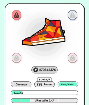 The image features a colorful, geometric-patterned shoe with a red sole and an orange heel. The shoe appears to be a sneaker or athletic shoe, possibly designed for running or other physical activities. The shoe is displayed prominently on a white background against a greenish hue. In the bottom right corner of the image, there are three small circles labeled "Common", "Level 5", and "Shoe Mint 2/7". These labels provide information about the shoe's features and its compatibility with the post.