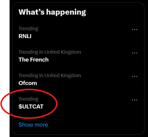 A dark-mode Twitter 'What's happening' sidebar shows trending topics including 'RNLI', 'The French', 'Ofcom', and '$ULTCAT', with '$ULTCAT' circled in red.