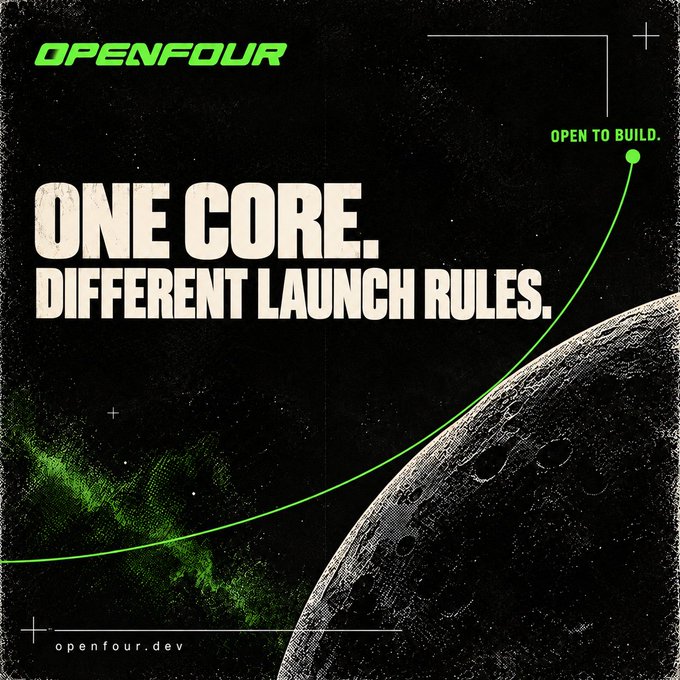 The image is a dark, space-themed promotional graphic for "OPENFOUR" (openfour.dev), featuring a crescent moon and a bright green trajectory arc shooting upward, with the bold tagline "ONE CORE. DIFFERENT LAUNCH RULES." alongside smaller text reading "OPEN TO BUILD." The visuals reinforce the post's message by symbolizing an open launchpad where builders can chart their own path into the BNB Chain ecosystem.