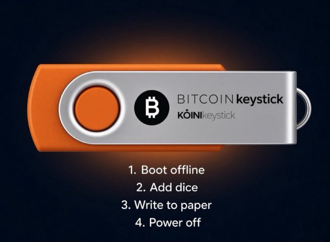 An orange and silver "BITCOIN keystick" by KOINI keystick is displayed with the Bitcoin logo, alongside the four-step instructions: "1. Boot offline, 2. Add dice, 3. Write to paper, 4. Power off"—promoting the product introduced in the post from bitcoinkeystick.com.