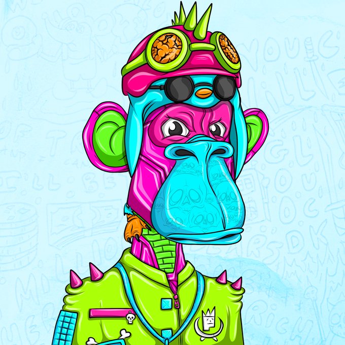 A colorful cartoon illustration of a monkey character wearing a pink helmet with spikes, goggles, and a green spiked jacket against a blue patterned background.