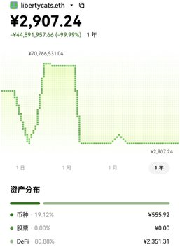 The image shows a portfolio dashboard for the Ethereum wallet "libertycats.eth," displaying a balance of ¥2,907.24 (approximately $393) with a steep -99.99% decline over 1 year, asset distribution of ¥555.92 in tokens (19.12%), ¥0 in stocks (0.00%), and ¥2,351.31 in DeFi (80.88%). This visually illustrates the post's warning about a long-term wallet being compromised, reinforcing the advice to store assets on centralized exchanges like Binance for better security and potential compensation in case of theft.
