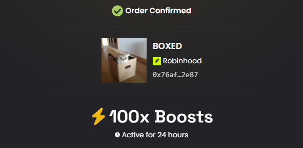 An order confirmation screen shows a purchase of "BOXED" token (Robinhood ticker 0x76af...2e87) with 100x Boosts active for 24 hours, accompanying a bullish post comparing BOXED's pattern to past runners $CASHCAT and $HMM and predicting a "legendary run to millions."