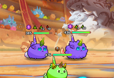A screenshot from a video game featuring purple and green horned creature characters in battle, with health bars showing values like 385, 436, and 476.