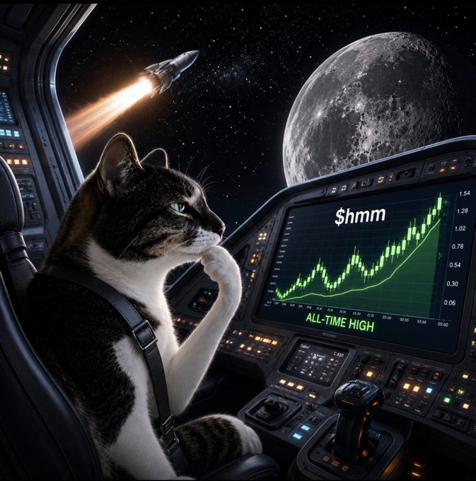 A tabby cat sits in a spaceship cockpit gazing thoughtfully at a chart labeled "$hmm" showing an "ALL-TIME HIGH" green candlestick surge, with the moon and a rocket blasting off in the background—capturing the meme's playful prophecy of a massive, moon-bound breakout for the $hmm token.