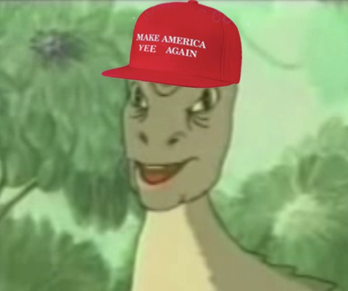 The image shows an animated dinosaur character wearing a red MAGA-style cap that reads "MAKE AMERICA YEE AGAIN," a crypto-meme twist on the original slogan that ties directly into the post's rallying cry for the dinosaur "YEE" community to keep fighting for recognition in meme history.