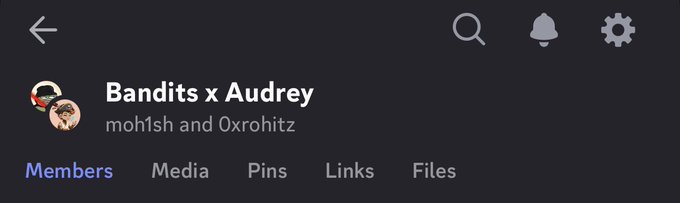 A screenshot of a Discord group called "Bandits x Audrey" with members moh!sh and 0xrohitz, featuring navigation tabs for Members, Media, Pins, Links, and Files, likely showcasing the community mentioned in the accompanying announcement about securing the @playbandits partnership.