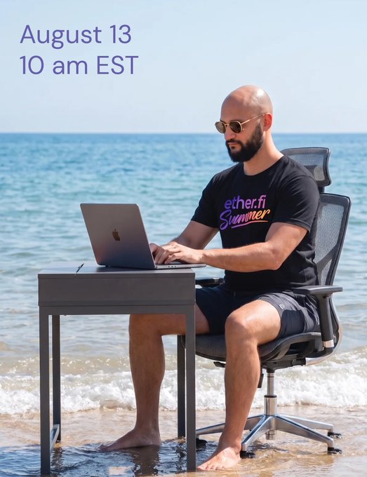 A man sits barefoot in a beach office chair at the ocean's edge, typing on a laptop while wearing an "ether.fi Summer" t-shirt. Text in the corner reads "August 13, 10 am EST," promoting an upcoming Analyst call webinar.