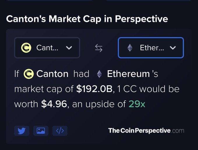 In this image, there is a screenshot of a website called "The CoinPerspective" with information about the market cap of Bitcoin. The caption reads, "Canton's Market Cap in Perspective," indicating that this post is related to Canton's market capitalization in cryptocurrency. There are two buttons in the image - one that says 'ether' and another button labeled 'if canton had ether,' which suggests a comparison between Canton's market cap and Etherium's market cap. The website also features two images, possibly providing additional context or data about the topic being discussed.