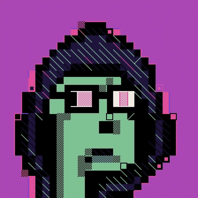 A pixel art portrait of a green-skinned character with long black hair, pink sunglasses, and glitch-like visual artifacts against a purple background.
