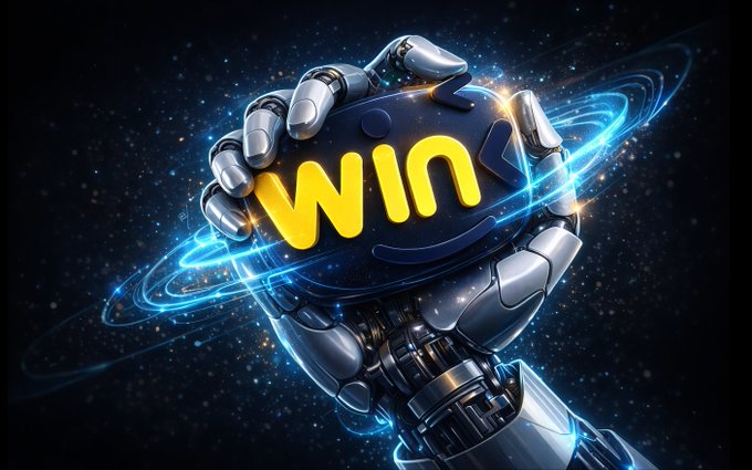 The image shows a robotic hand holding a glowing blue orb featuring the yellow text "WIN," which visually represents #WinkLink's role as a powerful, technology-driven oracle on TRON, symbolizing how it delivers reliable off-chain data—like price feeds—to bridge blockchain with the real world, as emphasized in the post.