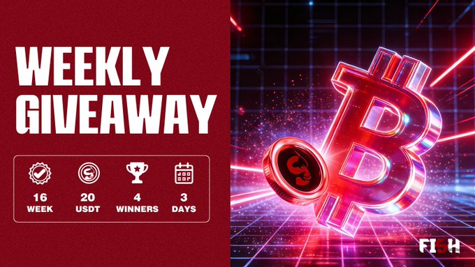 The image features a red Bitcoin symbol, which appears to be floating or popping off of an advertisement for a weekly giveaway. The text "Weekly Giveaway" is written above the Bitcoin symbol, indicating that there's a contest going on with a Bitcoin-themed prize. Below the Bitcoin symbol, there are four different icons representing various prizes: a trophy, a cupcake, a book, and a gift card. These icons suggest that the prizes could be related to Bitcoin or gaming in general. The image also includes text that reads "Weekly Giveaway" and "16 $USDT | 4 winners | 3 days Follow us on X, interact with the post(+ ), leave the correct answer and share your suggestions to FISH nuggets plan". This information suggests that there's a contest for Bitcoin enthusiasts or gamers who want to win one of these prizes.