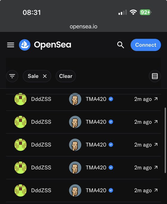 A mobile screenshot of the OpenSea.io NFT marketplace shows a sale activity feed with repeated entries from users 'DddZSS' and 'TMA420', timestamped '2m ago'.