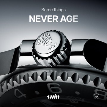 A sleek black-and-white close-up of a Rolex crown and watch face with the tagline "Some things NEVER AGE" and the 1win logo, promoting the 1win monthly giveaway for a Rolex Datejust.
