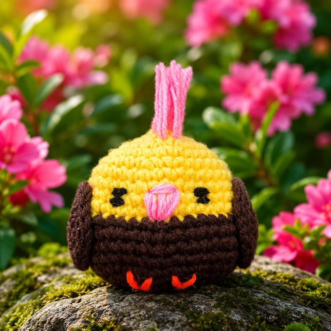 A small crocheted yellow chick with a pink tuft sits inside a brown crocheted shell, placed on a mossy rock in front of pink flowers.