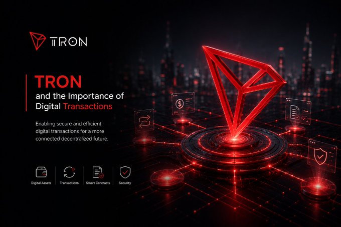 A TRON promotional graphic titled "TRON and the Importance of Digital Transactions" highlights enabling secure and efficient digital transactions for a decentralized future, with icons for Digital Assets, Transactions, Smart Contracts, and Security.