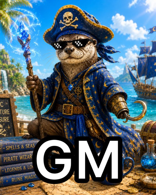 An illustrated pirate sea otter wearing a skull-captain hat and sunglasses holds a glowing blue staff, with the letters 'GM' prominently displayed at the bottom.