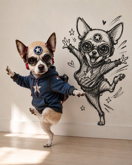 A small dog wearing a Captain America-themed blue hoodie, goggles, and a star headband strikes a triumphant pose, paired with a whimsical sketch of the same dog jumping joyfully with hearts and stars. The "Got cuter" caption perfectly captures the charming blend of real-life cuteness and illustrated exaggeration.