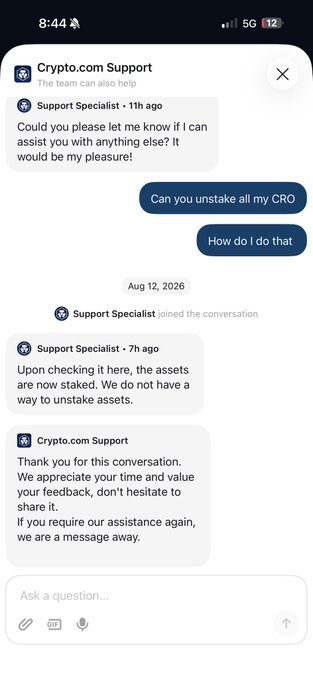 A screenshot of a Crypto.com customer support chat shows a user asking how to unstake CRO, with the response advising them to unstake in-app, despite the user's claim that they're locked out and unable to withdraw $50K worth of CRO.