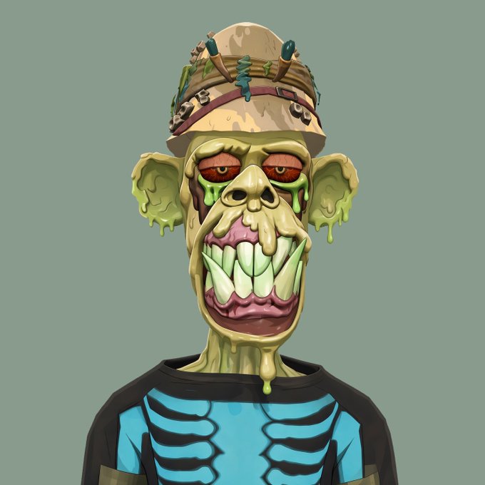 A grotesque cartoon zombie ape wearing a camo fishing hat adorned with lures, dripping green slime from its ears and displaying jagged oversized teeth, paired with a black shirt featuring a blue ribcage skeleton design—visually fitting the "GM Apes" post by embodying a zombified, mutant ape character.