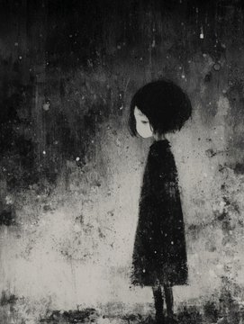A monochromatic, atmospheric illustration of a small, dark-haired figure in a cloak standing alone against a textured, shadowy background.
