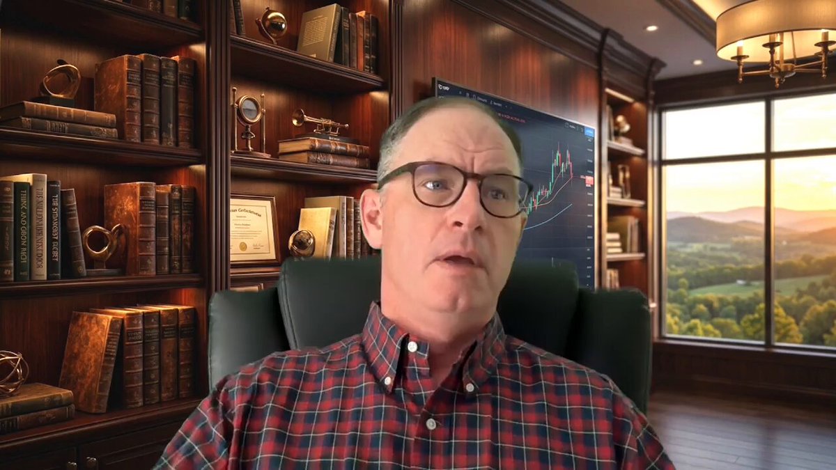 The image shows a man sitting in an office chair, wearing glasses and a plaid shirt. He appears to be giving a presentation or speaking at a meeting. The room has a window that offers a view of mountains outside. There are several bookshelves filled with various books around him, suggesting he is in a library or a workspace where knowledge and learning are valued.