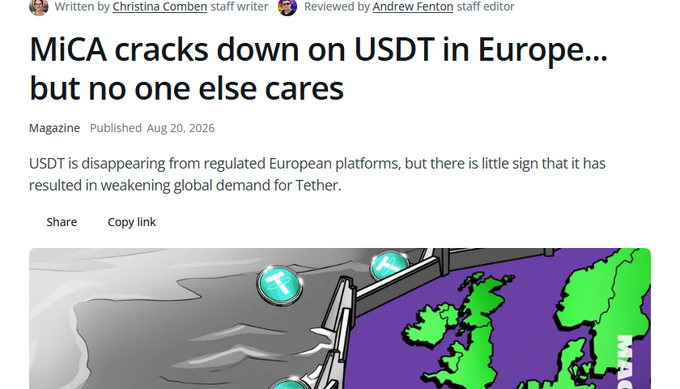 The image displays a magazine article headline "MiCA cracks down on USDT in Europe... but no one else cares," with a subhead noting USDT is vanishing from European regulated platforms without weakening global Tether demand. An illustration shows a barrier being built around a green Europe map, with Tether (USDT) tokens bouncing away—visually reinforcing the article's point that EU's MiCA regulations only impact Europe while emerging markets like Argentina see surging stablecoin adoption via platforms like Lemon.