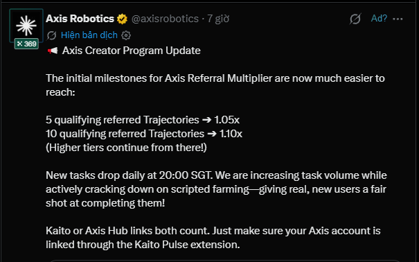 A tweet from Axis Robotics (@axisrobotics) announcing updates to the Axis Referral Multiplier program, detailing new milestones of 5 and 10 qualifying referred Trajectories.