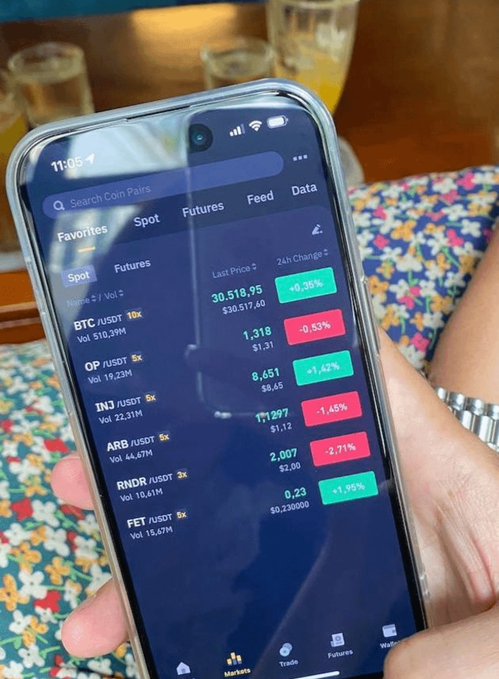 A person holding a smartphone displaying a crypto trading app with BTC at $30,518.95 (+0.38%), ETH at $1,318 (+0.53%), and other coins showing 24-hour price changes.