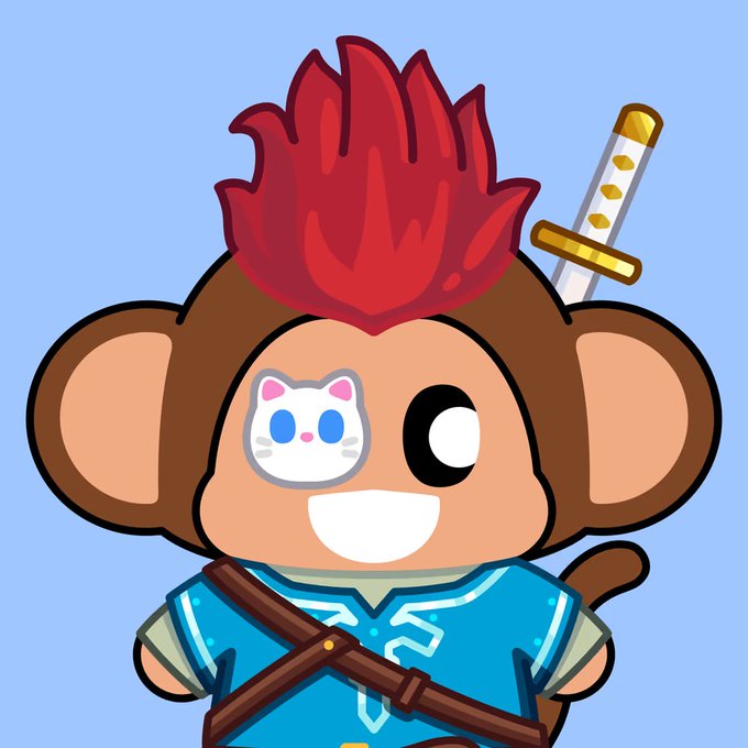A cartoon monkey character with brown fur, red flame-like hair, a sword on its back, and a white cat face mask over one eye, wearing a blue tunic.