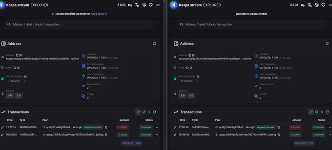 Two side-by-side screenshots of the Kaspa.stream Explorer showing address balances, sent/received transactions, and confirmed transfer history.