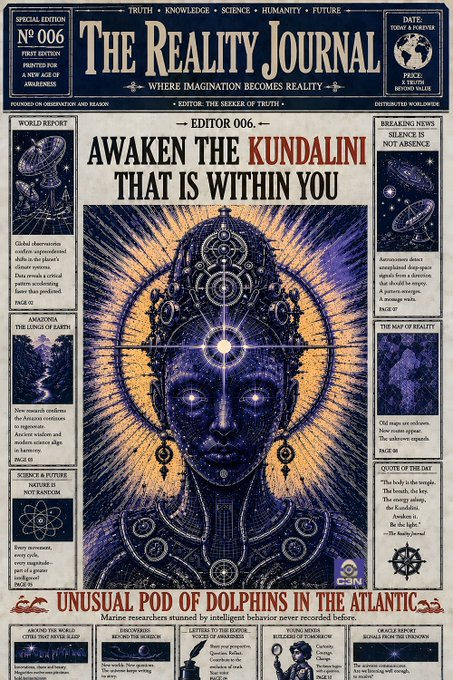 A stylized newspaper cover titled 'THE REALITY JOURNAL' with the headline 'AWAKEN THE KUNDALINI THAT IS WITHIN YOU' above an illustration of a glowing cosmic figure, surrounded by various news headlines.