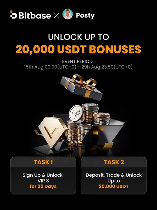 A promotional graphic for a Bitbase × Posty collaboration offering up to 20,000 USDT bonuses between August 15th-29th (UTC+0), with two tasks: signing up for a 30-day VIP 3 trial and depositing/trading to unlock the full 20,000 USDT bonus.