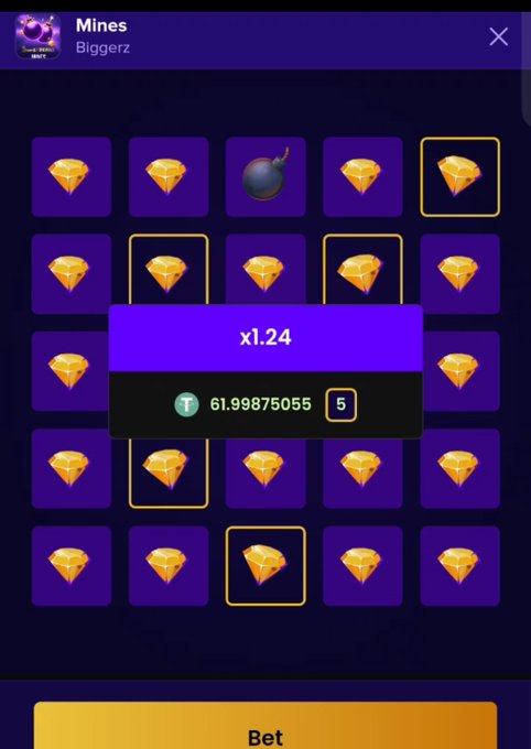 A mobile game screenshot of the "Mines" game titled "Biggez" showing a 5x5 grid with gold gems and a single bomb, with a multiplier of x1.24, a payout of 61.99875055 T (Tether), and 5 mines selected, above a yellow "Bet" button.