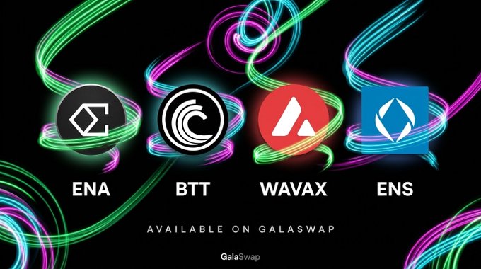A promotional graphic featuring four colorful cryptocurrency logos—ENA, BTT, WAVAX, and ENS—displayed against a black background with swirling neon light trails, announcing that these digital assets are now available for trading on GalaSwap via GalaChain.