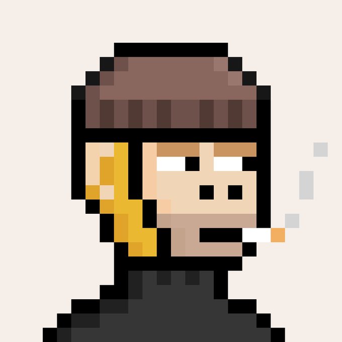 A pixel art illustration of a person with blonde hair wearing a black beanie, smoking a cigarette against a cream background.