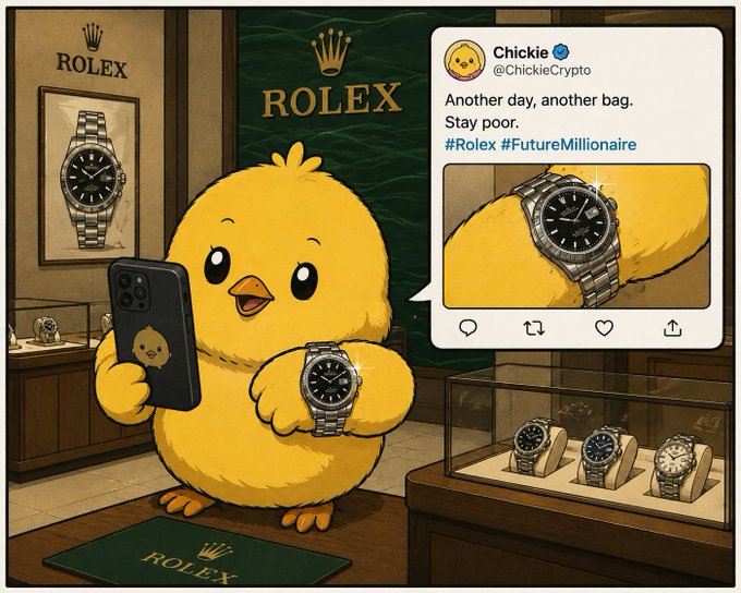 A cartoon illustration of a yellow chick wearing a Rolex watch while holding a phone, overlaid with a tweet from 'Chickie @ChickieCrypto' saying 'Another day, another bag. Stay poor. #Rolex #FutureMillionaire'.