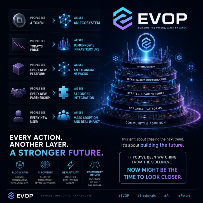 A promotional graphic for 'EVOP - Building the future, layer by layer' comparing what 'PEOPLE SEE' versus what 'WE SEE' across categories like token, price, platform, partnership, and user, with a futuristic glowing tower representing AI Innovation, Decentralized Infrastructure, Strategic Partnerships, Scalable Platforms, and Community & Adoption.