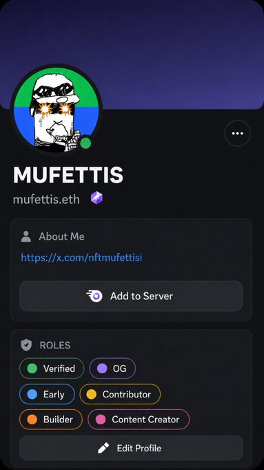 A Discord profile for "MUFETTIS" (mufettis.eth) featuring a cartoon character with star-shaped sunglasses against a purple background, displaying roles like Verified, OG, Early, Contributor, Builder, and Content Creator. The profile relates to the post by showcasing a Web3 community member, highlighting that meaningful engagement and identity-building in crypto communities still exist despite quieter market conditions.