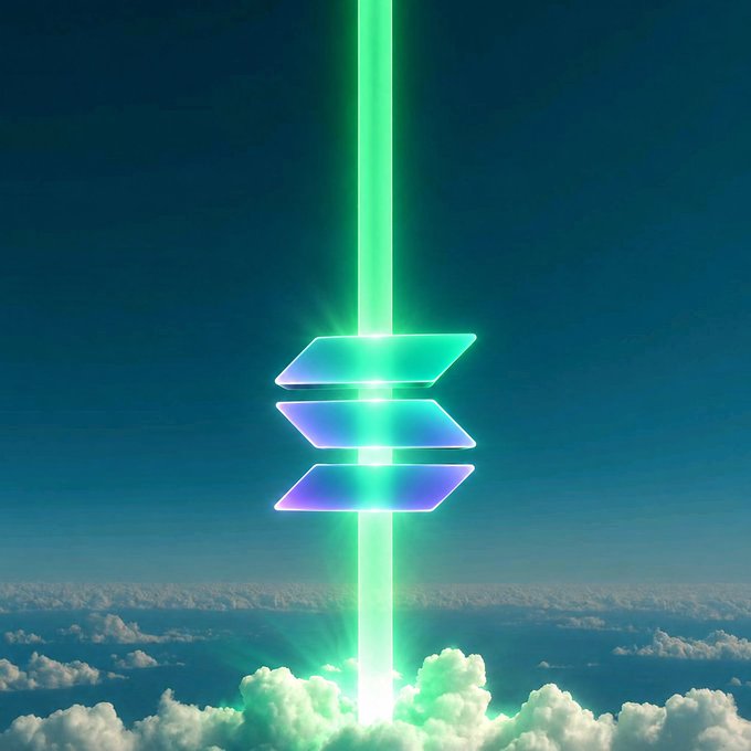 A glowing turquoise vertical beam passes through three stacked chevrons above clouds in a blue sky.